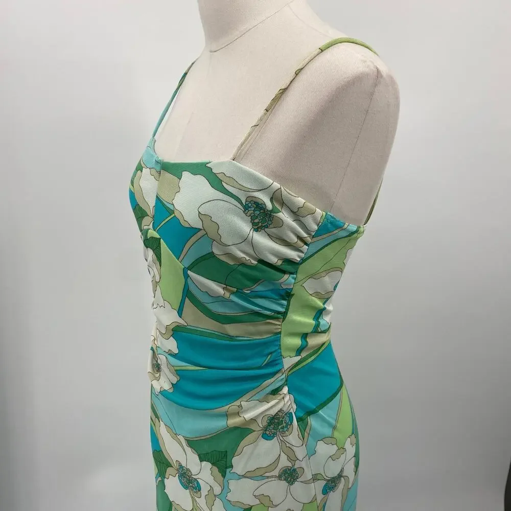 Vintage Y2k City Triangles Retro Floral Mini Dress Ruffled Hem Stretchy Mesh XS - Picture 5 of 8